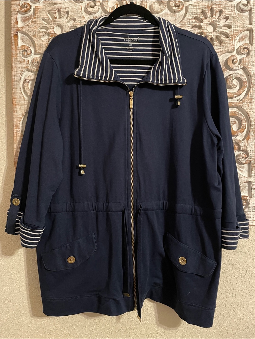 Charter Club Navy Utility Jacket with Striped Lining